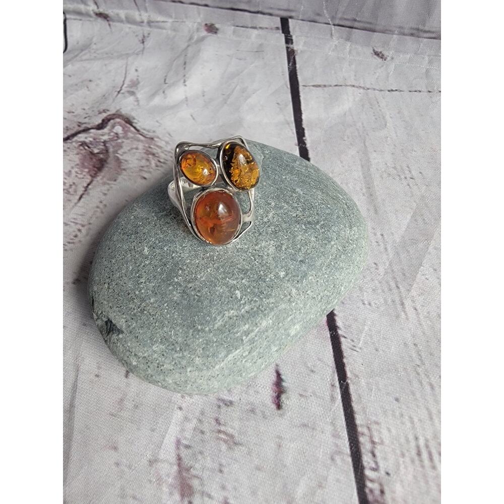 Vintage 925 Sterling Silver Natural Baltic 3 Stone Amber Ring Size 8